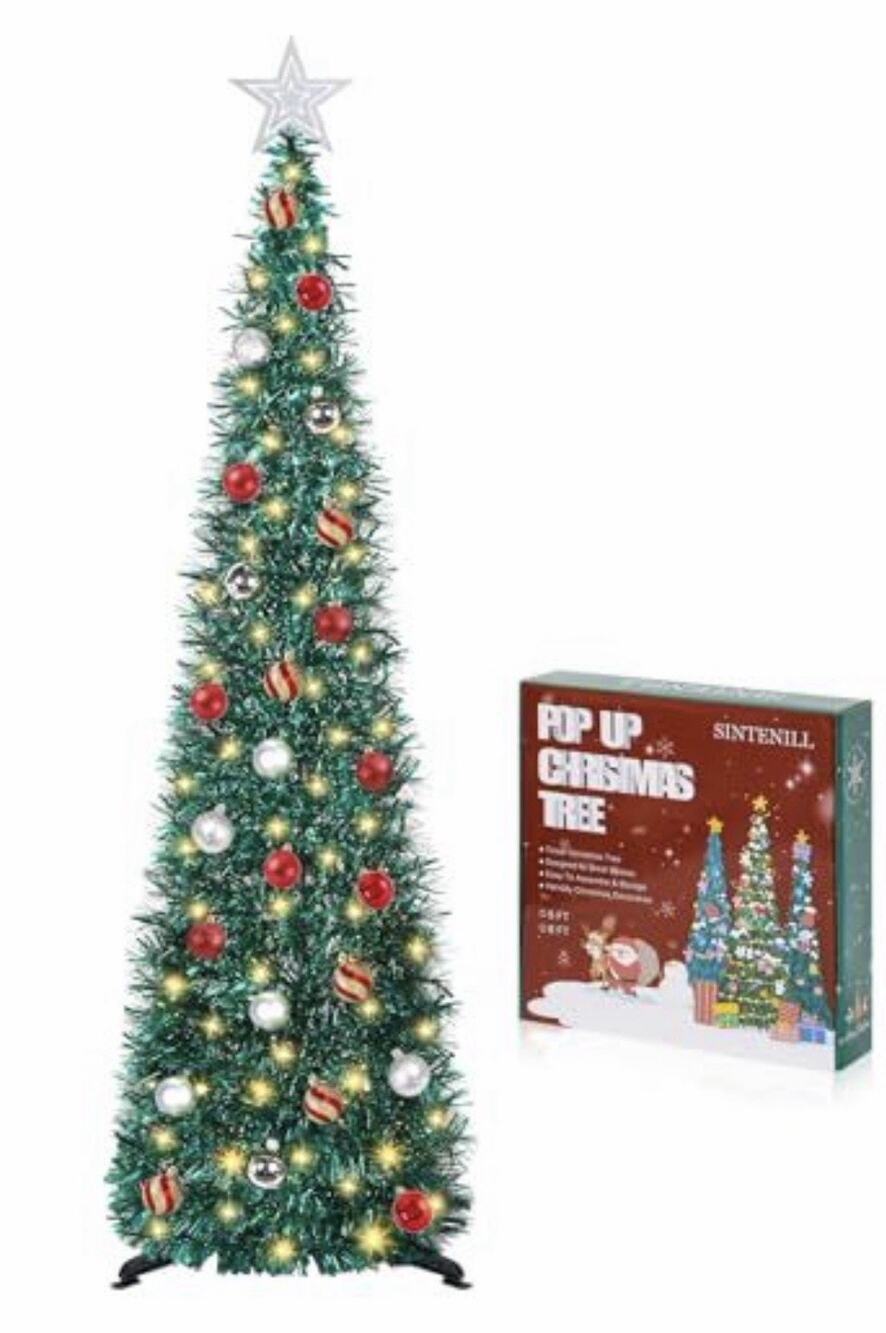 5 FT Pop Up Christmas Tree with Timer Lights and Decorations, Green Tinsel New